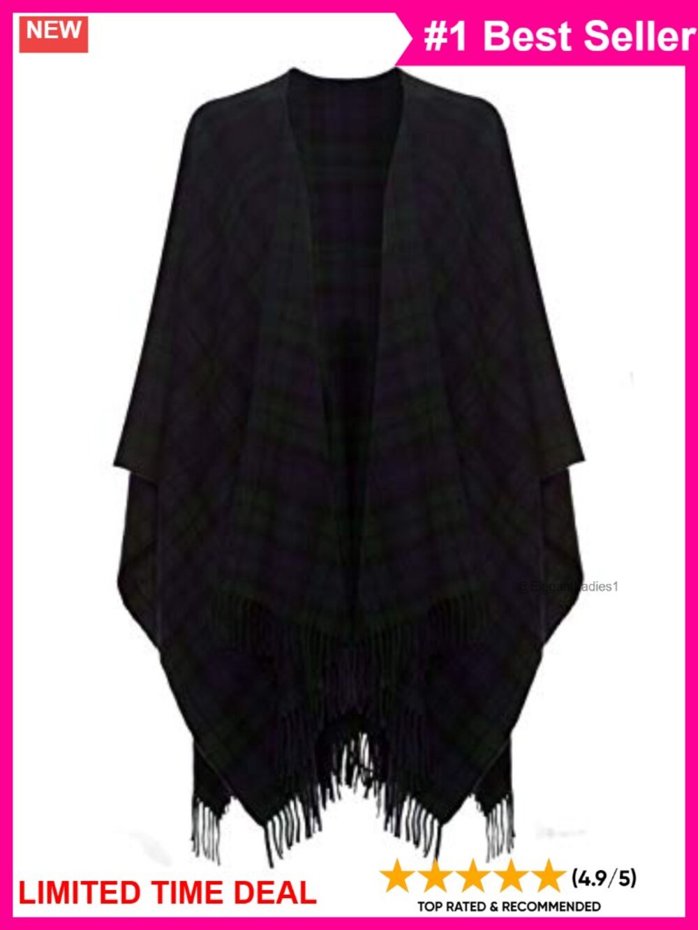 100% Lambswool Ruana Cape Tassel Trim Shawl Collar Warm Wrap